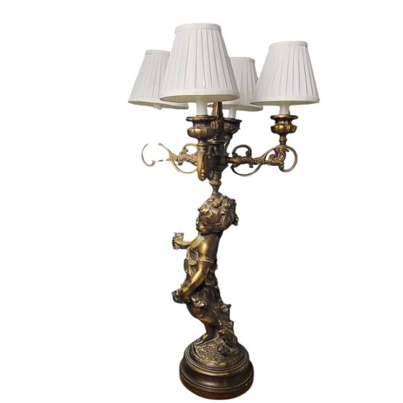 Vintage Metal Cherub Angel Bronze Candelabra Table Lamp White Shades - Picture 8 of 10